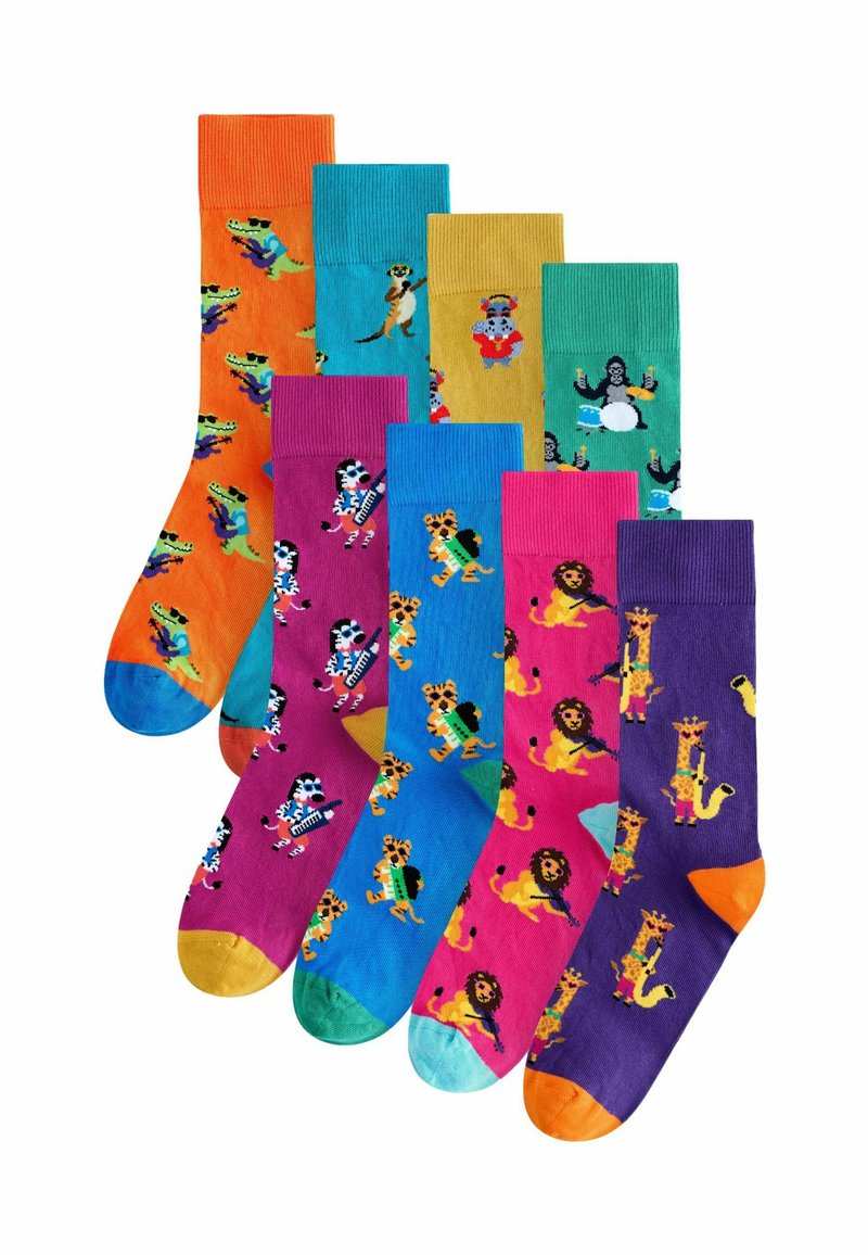 Set di otto calzini colorati con fantasie di animali. I materiali sono cotone; i design includono zebre, leoni e altri personaggi in colori vivaci.