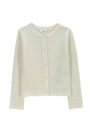 Kremowy, dziergany, długi sweter na guziki z okrągłym dekoltem, ozdobiony delikatnym koronkowym wzorem na całej powierzchni.