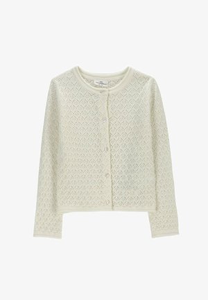 Kremowy, dziergany, długi sweter na guziki z okrągłym dekoltem, ozdobiony delikatnym koronkowym wzorem na całej powierzchni.