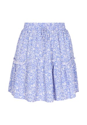 Svetlomodrá kvetinová sukňa so zhrnutým dizajnom, ktorá má biele kvetinové vzory, elastický pás a volánové detaily na spodnom okraji.