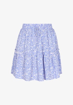 Svetlomodrá kvetinová sukňa so zhrnutým dizajnom, ktorá má biele kvetinové vzory, elastický pás a volánové detaily na spodnom okraji.