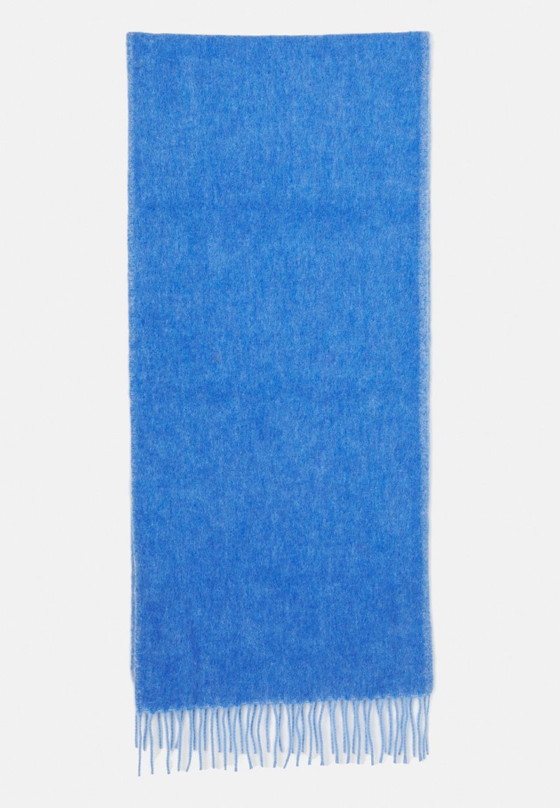 Écharpe en laine d'un bleu vif, avec une texture douce et un détail frangé le long du bord inférieur. Forme rectangulaire.