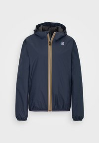 Granatowa wodoodporna kurtka z kapturem, elastycznymi mankietami i wentylowaną podszewką. Posiada wielokolorowy pionowy zamek błyskawiczny oraz logo na piersi.