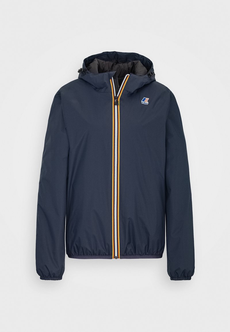 Granatowa wodoodporna kurtka z kapturem, elastycznymi mankietami i wentylowaną podszewką. Posiada wielokolorowy pionowy zamek błyskawiczny oraz logo na piersi.