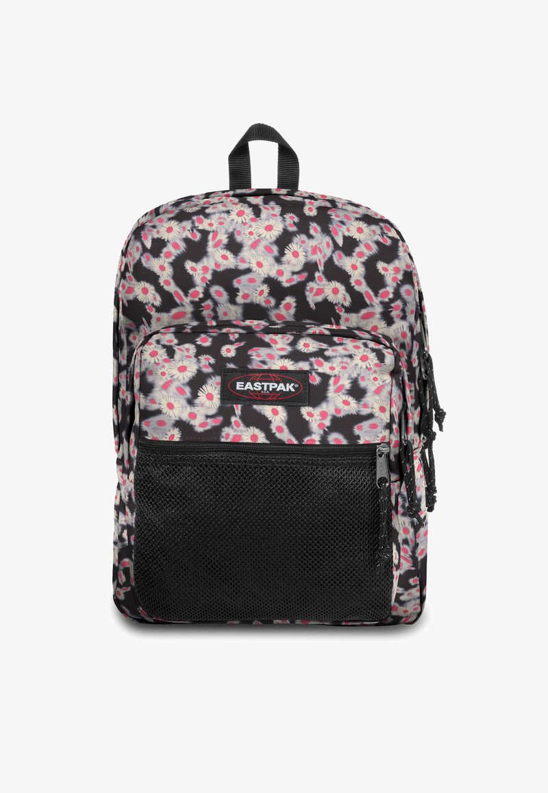 Sac à dos floral noir avec des marguerites et des accents rouges, une poche zippée à l'avant et une poignée sur le dessus. Matériau durable avec une surface texturée.