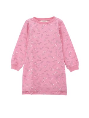 Robe-sweat rose avec le texte "Barbie" répété en blanc. Manches longues, col ras du cou et tissu doux au toucher lisse.