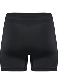 Svarta träningsshorts med en slät yta, elastisk midja och kort innersöm. Har en ren, minimalistisk design utan synliga mönster.