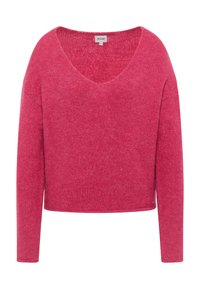 Rosa gestrickter Pullover mit V-Ausschnitt, langen Ärmeln und einem verkürzten Schnitt. Verfügt über eine subtile Textur und ein kleines Logo-Detail am Saum.