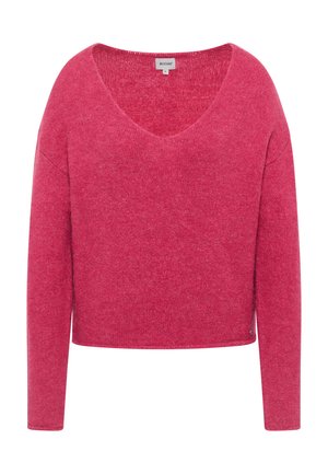 Rosa gestrickter Pullover mit V-Ausschnitt, langen Ärmeln und einem verkürzten Schnitt. Verfügt über eine subtile Textur und ein kleines Logo-Detail am Saum.