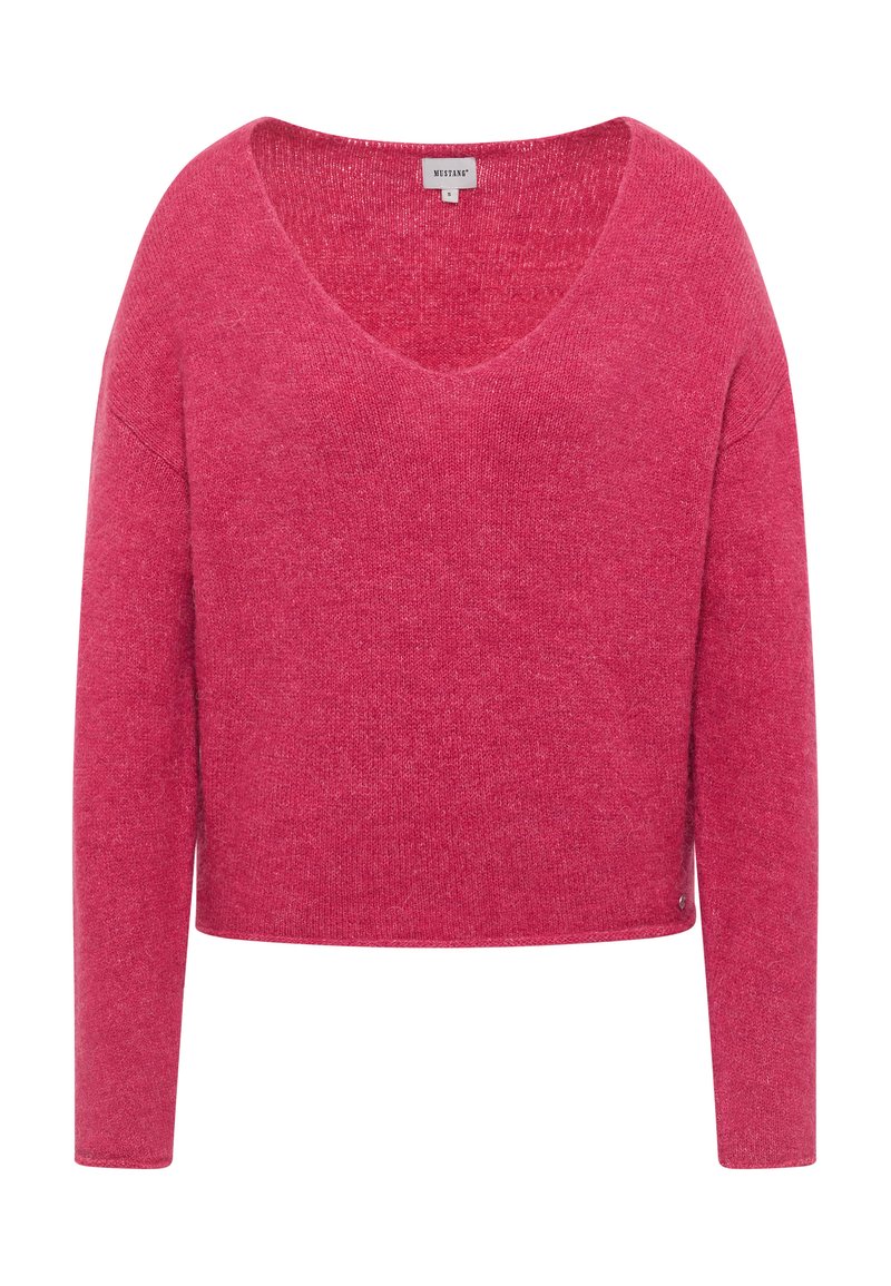 Rosa gestrickter Pullover mit V-Ausschnitt, langen Ärmeln und einem verkürzten Schnitt. Verfügt über eine subtile Textur und ein kleines Logo-Detail am Saum.