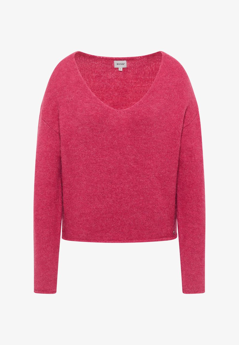 Rosa gestrickter Pullover mit V-Ausschnitt, langen Ärmeln und einem verkürzten Schnitt. Verfügt über eine subtile Textur und ein kleines Logo-Detail am Saum.