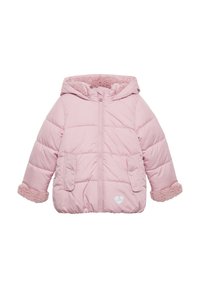 Rosa Puffy-Jacke mit Kapuze, ausgestattet mit einem weichen Sherpa-Futter, Druckknopf-Taschen und einem Logo-Detail am Saum.