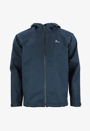 Navy blue waterproof jacket with a full front zipper, adjustable hood, and logo detail on the left chest. Features long sleeves and elastic cuffs.