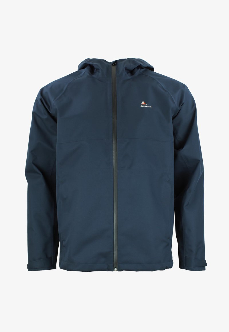 Navyblauwe waterdichte jas met een volledige voorrits, verstelbare capuchon en logodetail op de linkerborst. Voorzien van lange mouwen en elastische manchetten.