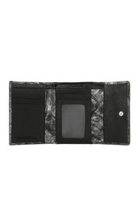 Portafoglio RFID protetto di colore nero con un interno a fantasia, dotato di più fessure per carte, una finestra trasparente per l'ID e una chiusura a scatto.