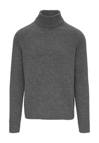 Pull encolure ras du cou gris en tissu doux, avec des poignets et un col côtelés, et une coupe classique sans motifs ni embellissements.