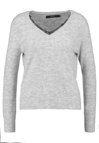 Grauer V-Ausschnitt-Pullover aus weichem Strickstoff, mit langen Ärmeln und geripptem Saum, versehen mit einer Spitzen Verzierung am Ausschnitt.