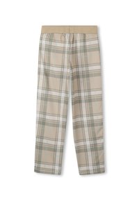 Pantalons à carreaux beiges et vert clair avec taille élastique, coupe droite et marquages de la marque discrets sur le tissu.