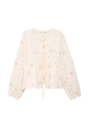 Bluse in Cremefarbe mit langen Ärmeln, Bindeverschluss vorne und floraler Stickerei in Rosatönen. Verfügt über ein gerafftes, fließendes Design.