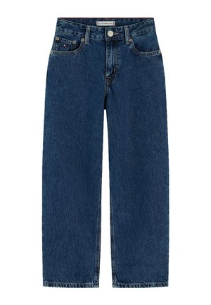 Dunkelblaue Jeans mit geradem Bein, fünf Taschen, Knopfverschluss und kleinem Logo auf der vorderen rechten Tasche.