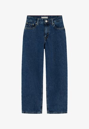 Ciemnoniebieskie jeansy o prostych nogawkach z pięcioma kieszeniami, zapięciem na guzik i małym logo na przedniej prawej kieszeni.