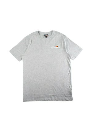 T-shirt gris à manches courtes en coton, avec un col rond et un petit logo brodé en orange et jaune sur la poitrine gauche.