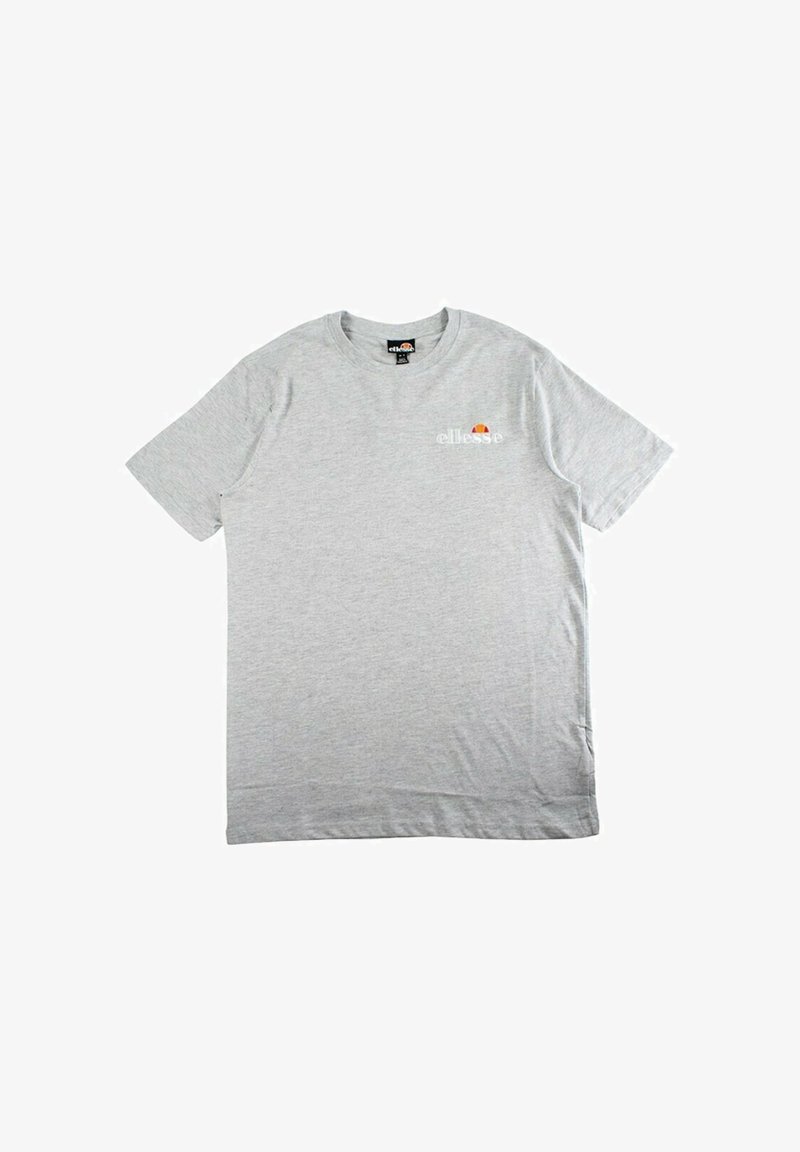 T-shirt gris à manches courtes en coton, avec un col rond et un petit logo brodé en orange et jaune sur la poitrine gauche.