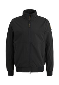 Schwarze leichte Jacke mit Reißverschluss vorne, hohem Kragen, elastischen Bündchen und einer Reißverschlusstasche am linken Ärmel. Glatte Textur.