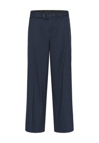 Sötétkék tűcsíkos nadrág, hozzá illő övvel, egyenes szárú fazonnal, és fém lyukakkal a derekán.