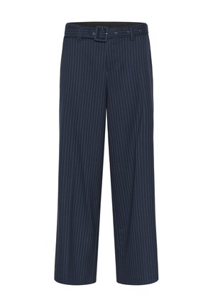 Pantaloni a righe blu navy con cintura abbinata, taglio dritto e occhielli metallici in vita.