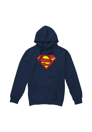 Navy blue hoodie with front pocket and large red and yellow Superman logo on the chest.