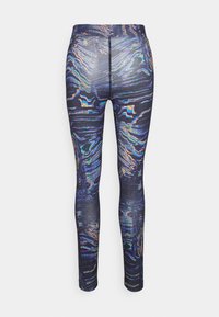 Černé legíny s vlnitým, vícebarevným vzorem připomínajícím iridescentní mramor, s vysokým pasem a hladkou, elastickou texturou.