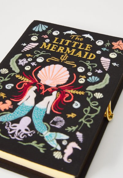 Black notebook featuring embroidered mermaids and sea creatures, with gold embossed text reading "The Little Mermaid." Colorful and textured design.
