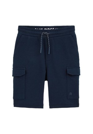 Shorts bleu marine longueur genou avec taille élastique, cordon de serrage blanc, deux poches latérales et deux poches cargo à rabat à l'avant.