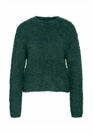 Grön fluffig tröja med långa ärmar, rund hals och en kort design. Mjuk textur och löst snitt, utan synliga mönster eller detaljer.