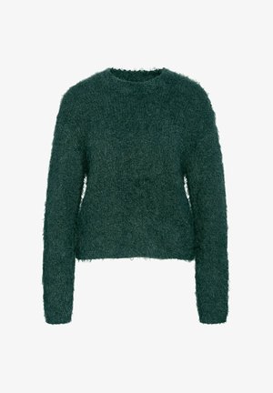 Grøn fuzzy sweater med lange ærmer, rund hals og en cropped design. Blød tekstur og løs pasform, uden synlige mønstre eller hardware.