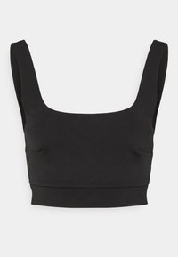 Svart kort topp med fyrkantig halsringning, breda axelband och en slät, elastisk tygkänsla. Inga synliga mönster eller hårdvara.