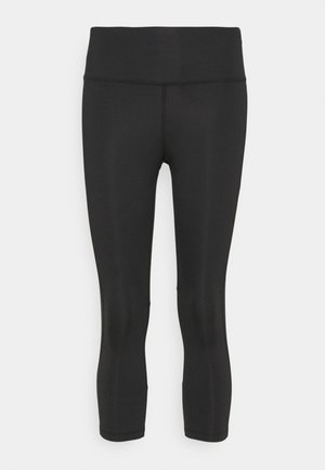 Black capri leggings made from smooth, stretchy material. Features a wide waistband and no visible patterns or accents.