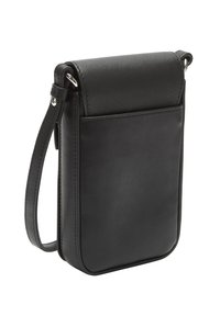 Sac à bandoulière en cuir noir avec un design vertical, texture lisse, fermeture à rabat et une poche avant. Dispose d'une sangle détachable.