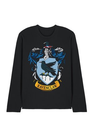 Black long-sleeve shirt with a blue and white Ravenclaw crest featuring a black raven, knight helmet, and decorative blue flourishes.