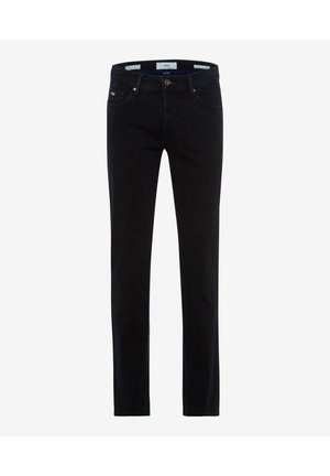 Jeans in denim neri, slim fit, con una texture liscia, design standard a cinque tasche e una chiusura con un singolo bottone metallico in vita.
