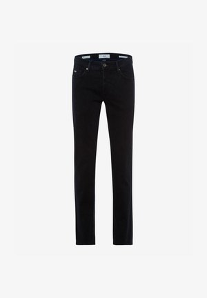 Zwarte denim jeans, slim fit, met een zachte textuur, standaard vijf-pocket ontwerp en een enkele metalen knoopsluiting bij de taille.