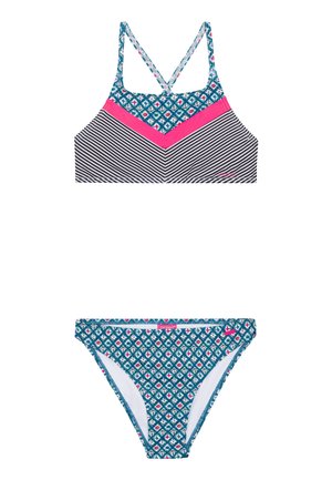 Bikini set met een gestreepte bovenkant in zwart en wit met roze accenten en een gestippelde onderkant in teal met geometrische ontwerpen.