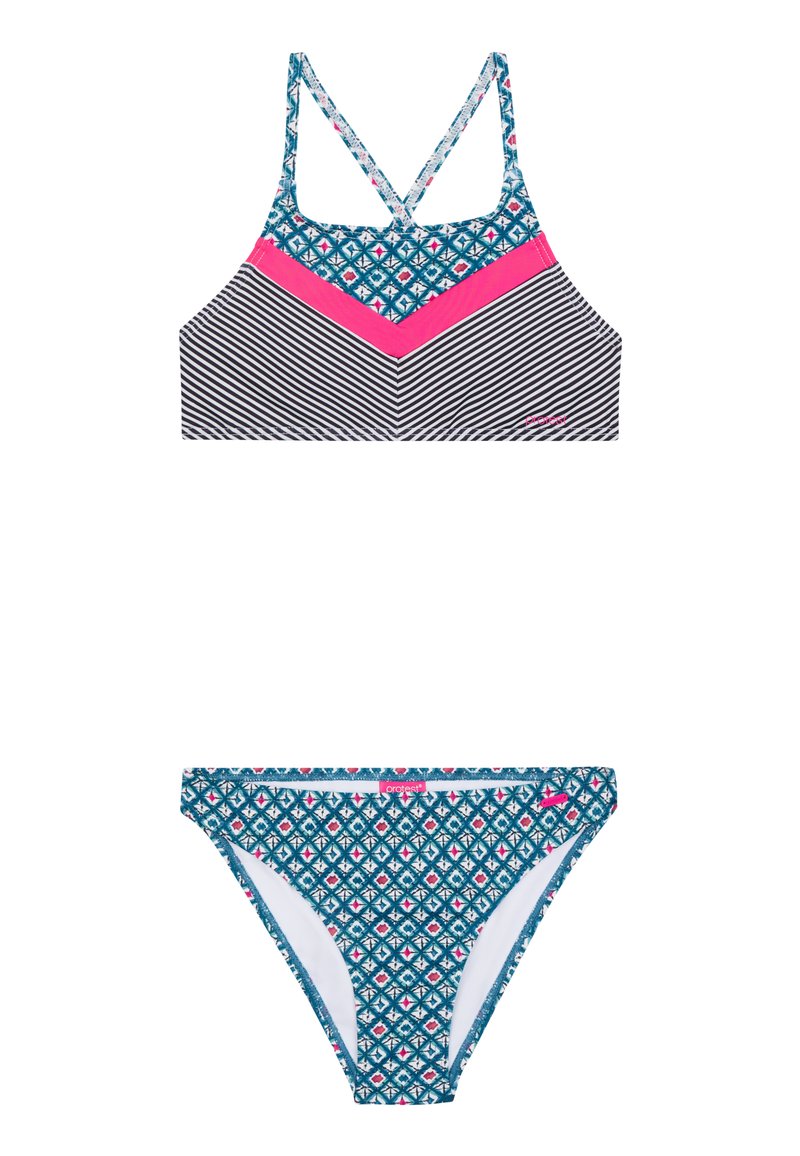 Bikini set so zviskoma s pruhovaným vrchom v čierno-bielej farbe s ružovými akcentmi a vzorovaným spodkom v tealovej farbe s geometrickými vzormi.