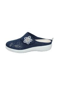 Dark blue felt slip-on shoe with white rubber sole. Features a floral accent with a button and decorative stitching on the front.