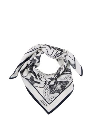 Witte sjaal met zwarte bloemen- en bladpatronen, gevouwen in een lus, met een dunne zwarte rand en de tekst "JOOP!" in een van de hoeken.