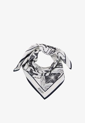 Witte sjaal met zwarte bloemen- en bladpatronen, gevouwen in een lus, met een dunne zwarte rand en de tekst "JOOP!" in een van de hoeken.