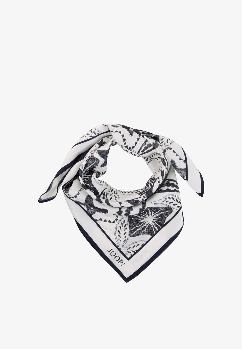 Écharpe blanche avec des motifs floraux et de feuilles noirs, pliée en boucle, présentant une fine bordure noire et le texte "JOOP!" dans un coin.