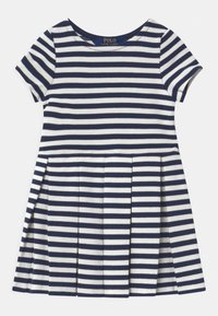 Niebiesko-białe paski sukienka z krótkim rękawem, okrągłym dekoltem i plisowaną spódnicą. Wykonana z gładkiego, elastycznego materiału.