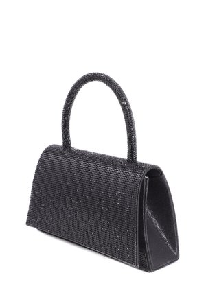 Borsa a mano nera a pochette con design strutturato, ricoperta di scintillanti strass, dotata di un manico arrotondato e una forma angolare.